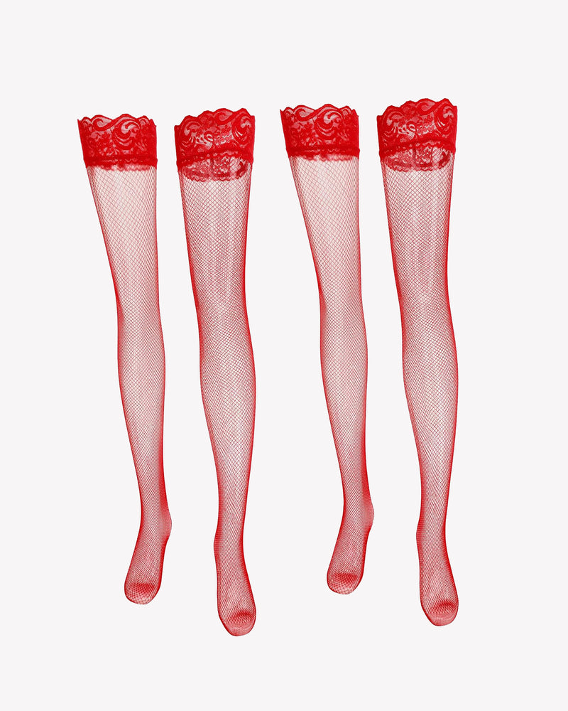 Red fishnet thigh-high stockings with lace trim for women, sheer and sexy lingerie