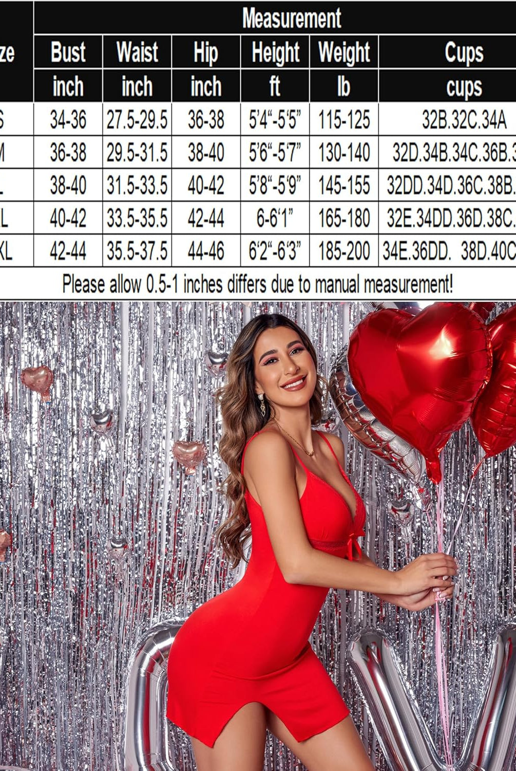 Red V-neck slip chemise nightgown model with size chart; Sexy lingerie by Avidlove.