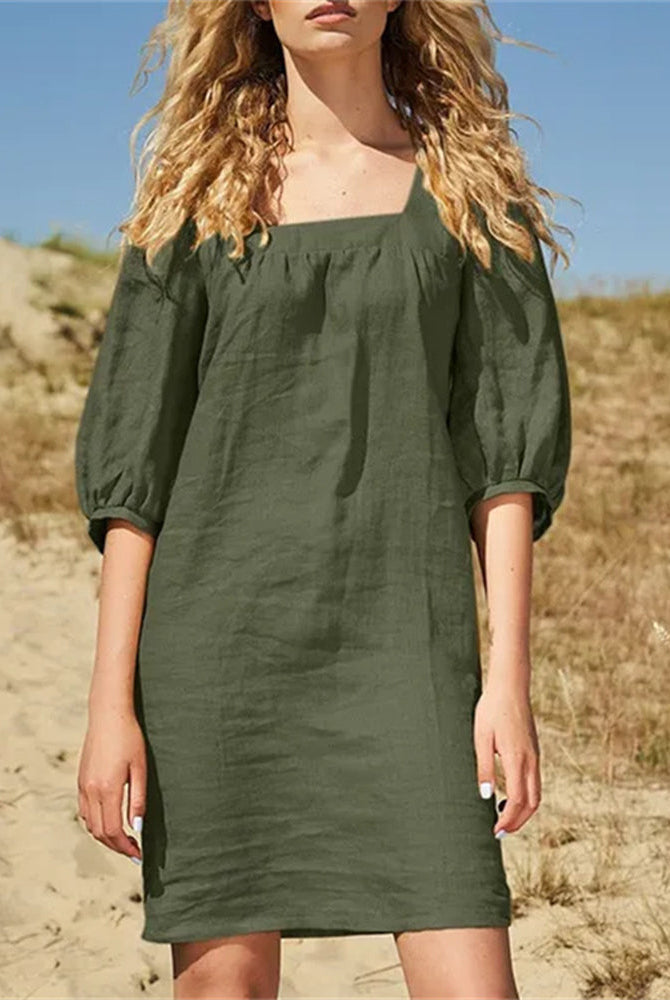 Olive green square neck casual cotton dress with short sleeves, perfect for leisure and daily wear