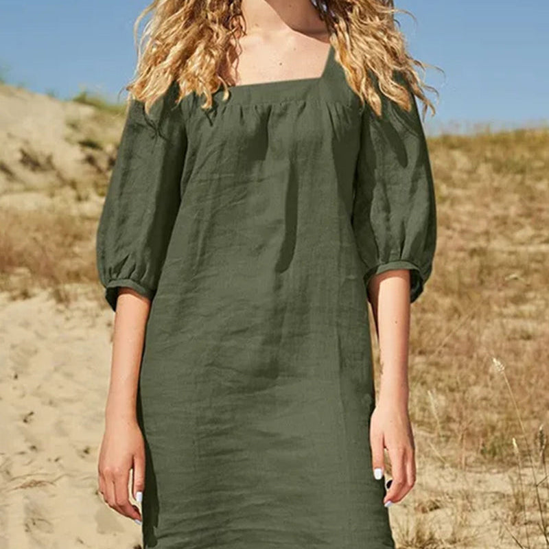 Olive green square neck casual cotton dress with short sleeves, perfect for leisure and daily wear