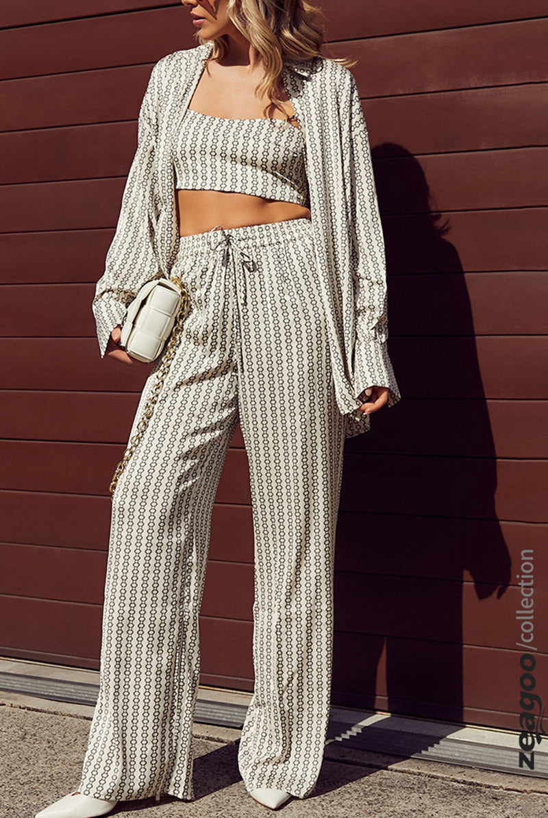 Elastic Waist Loose Pants set, casual style, 100% polyester, with a white bag, zeagoo collection