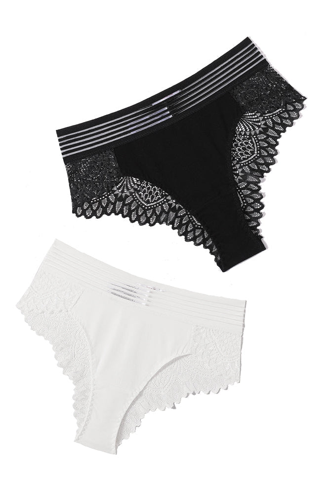Black and white lace cheeky hipster panties, comfortable cotton blend with lace back design.