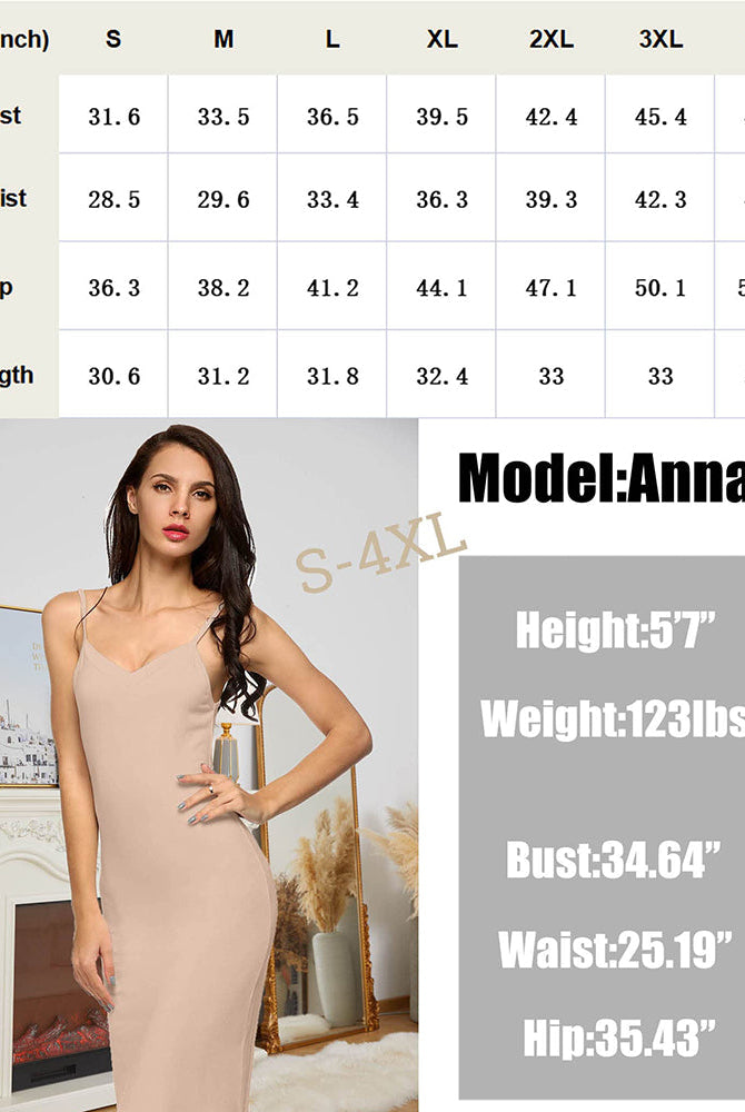 Beige slip dress with spaghetti straps, V-neck. Above knee length Avidlove lingerie. Sizes S-4XL.