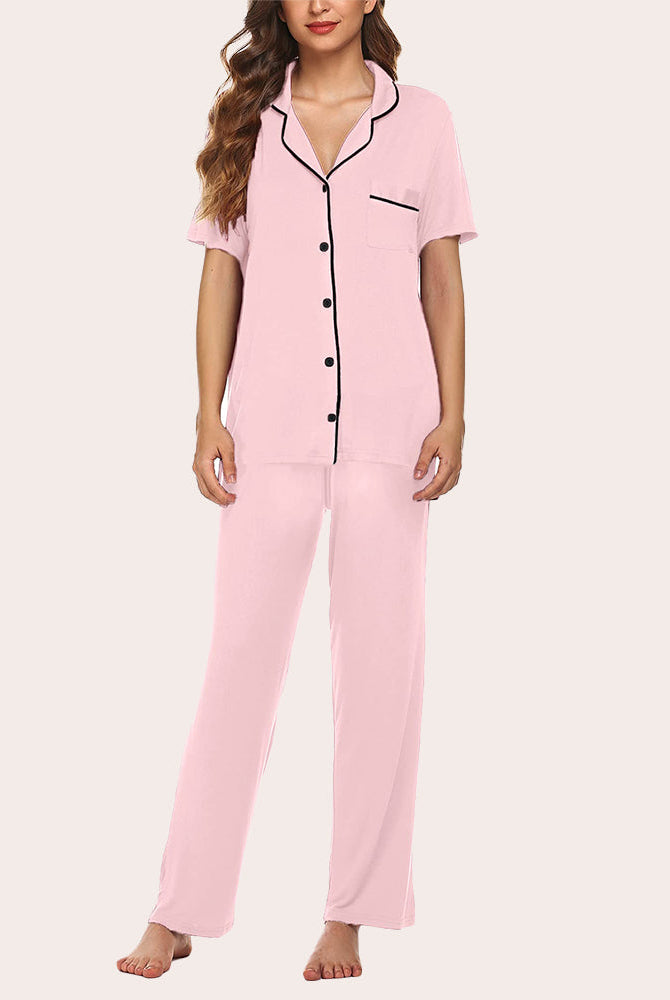Light Pink Notch Collar Pajamas Set. Soft, comfy sleepwear for women. Black trim details.