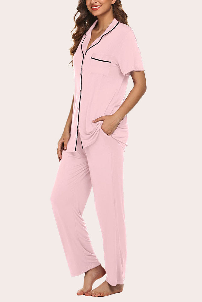 Light pink notch collar pajamas. Women's soft, comfy sleepwear set with black trim detail.