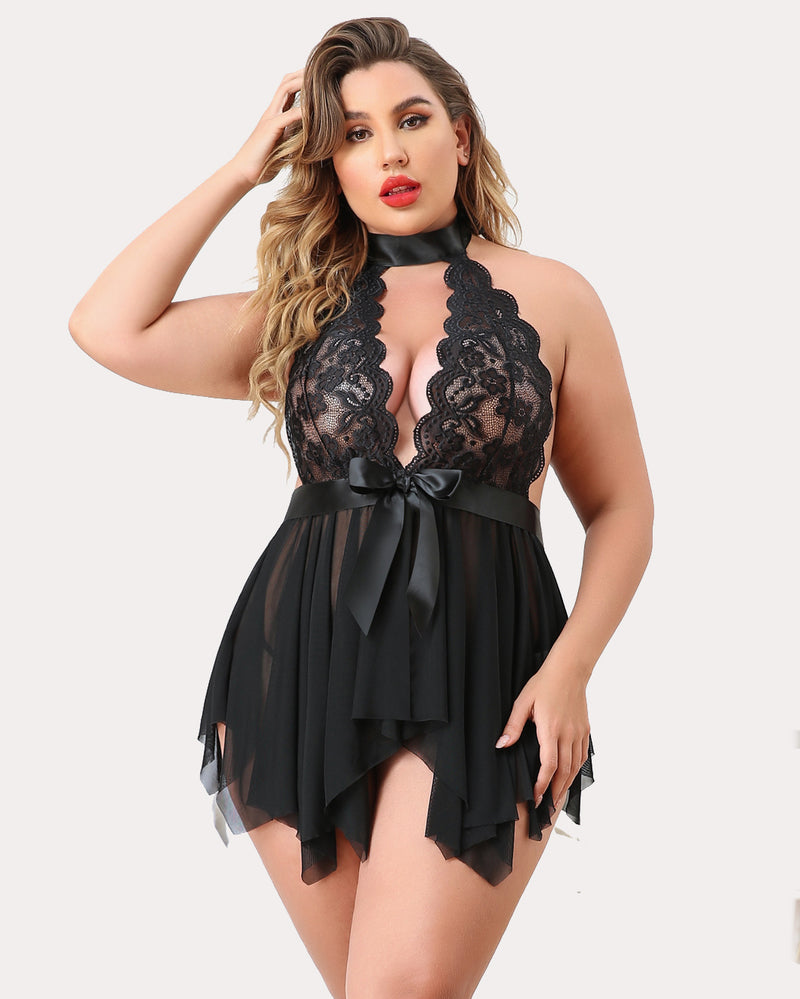 Plus Size Black Lace Babydoll with Halter Neckline and Sheer Mesh Skirt
