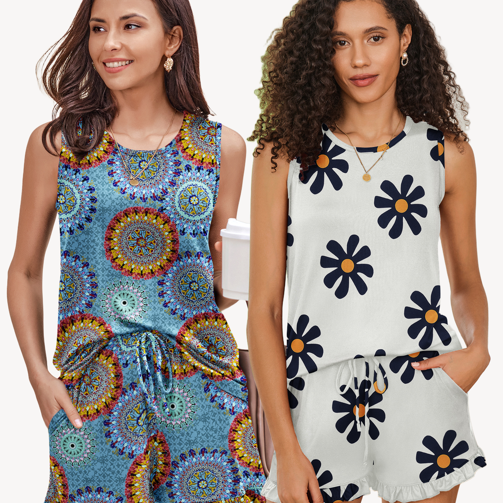 Sleeveless pajama set with bright circular print top and matching ruffled shorts, plus white floral set
