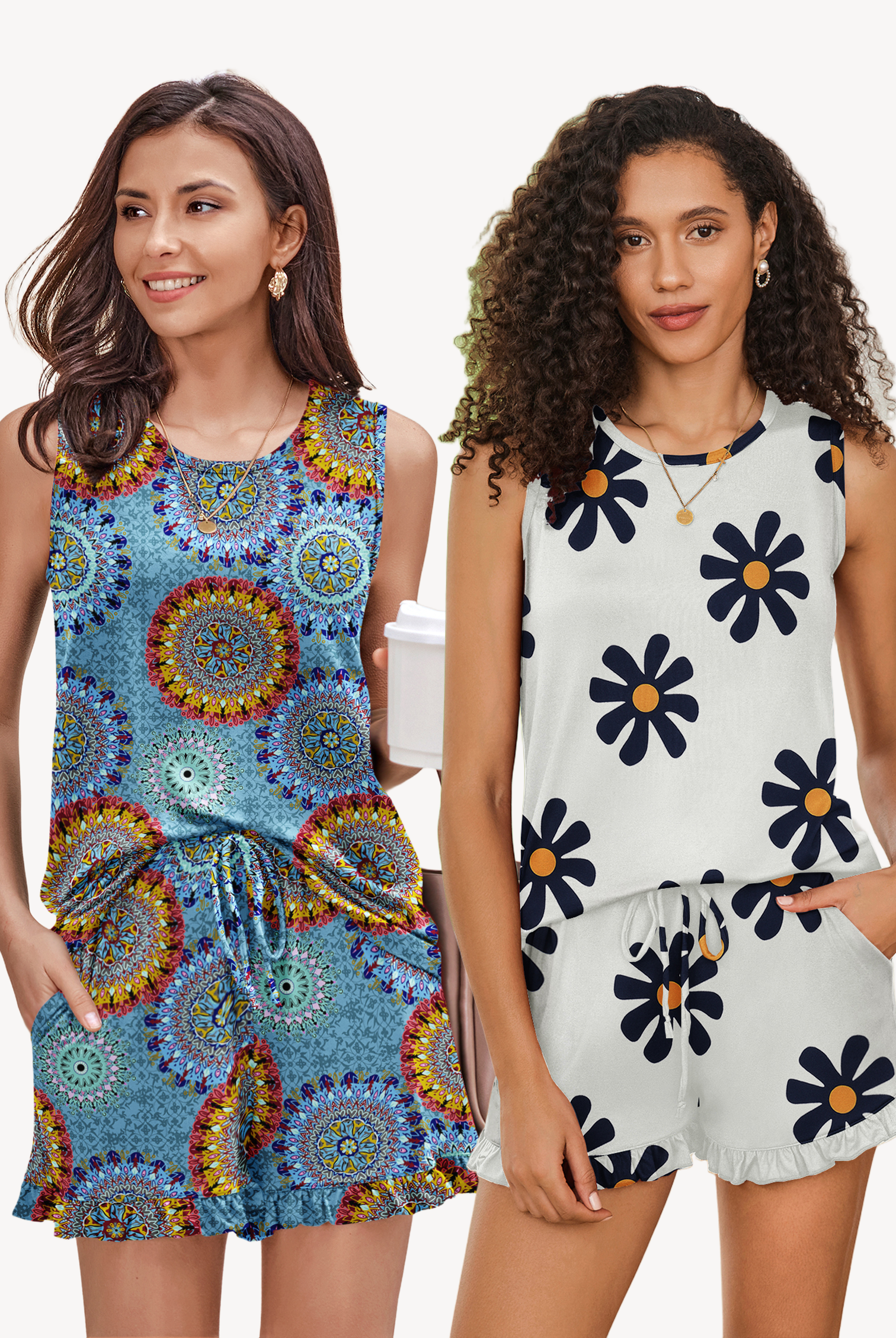 Sleeveless pajama set with bright circular print top and matching ruffled shorts, plus white floral set