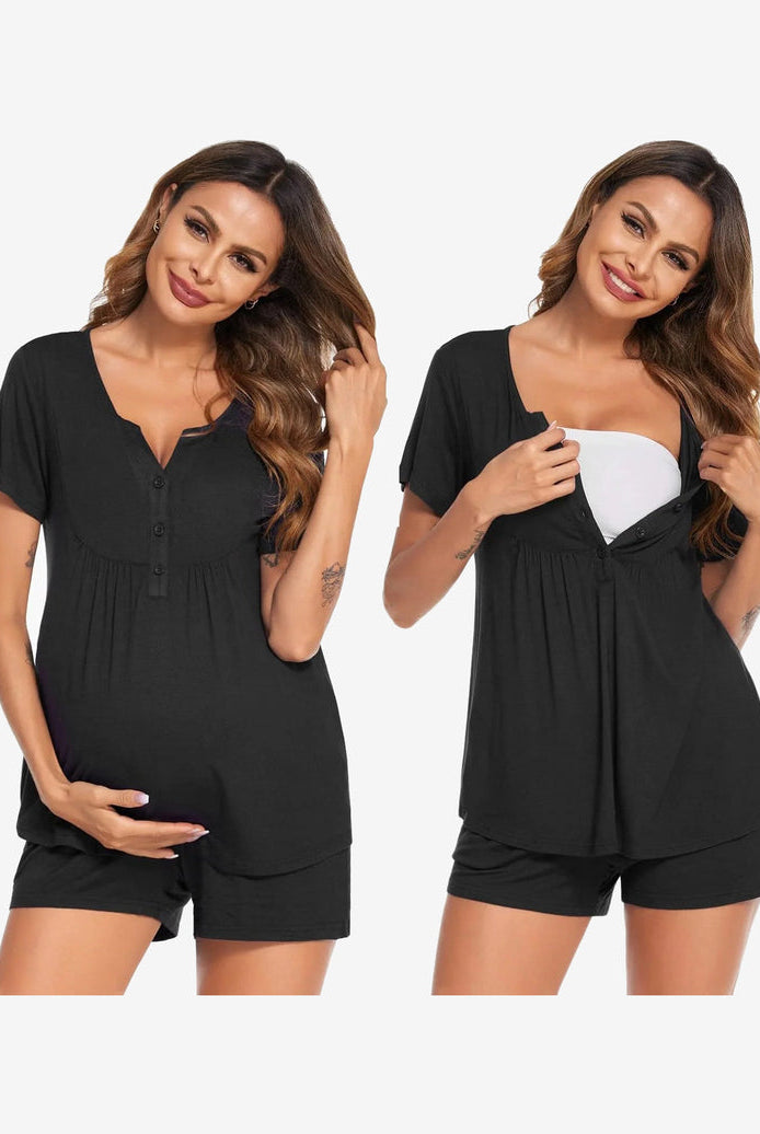Maternity nursing pajama set in black: short-sleeve V-neck tunic and matching shorts