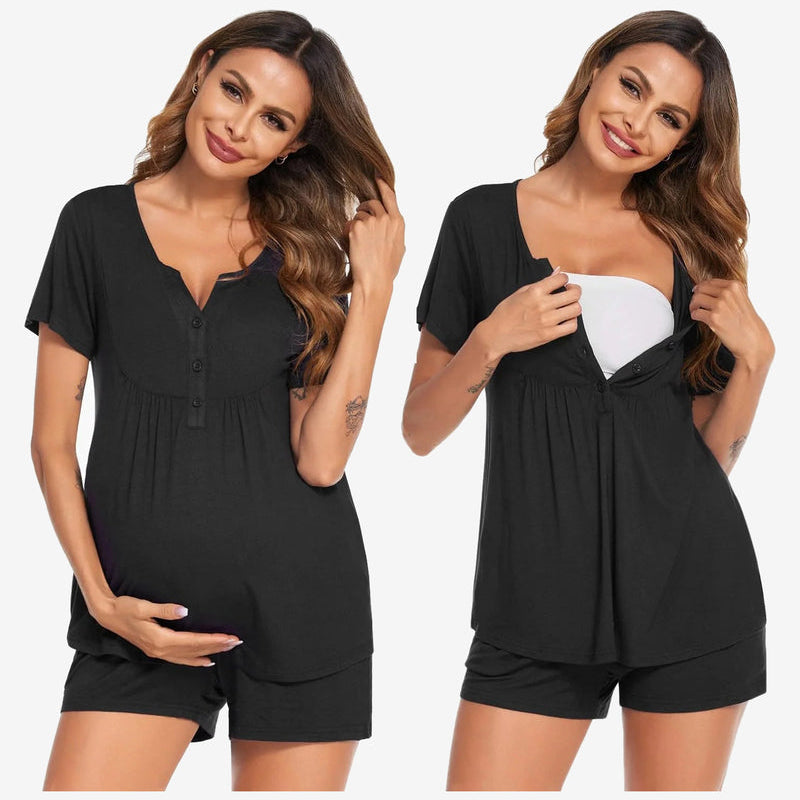 Maternity nursing pajama set in black: short-sleeve V-neck tunic and matching shorts
