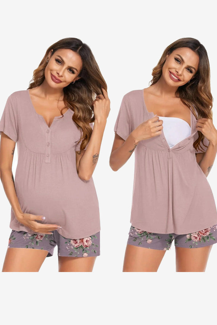 Maternity nursing pajama set in mauve: short-sleeve tunic and floral print shorts