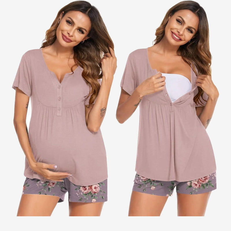Maternity nursing pajama set in mauve: short-sleeve tunic and floral print shorts