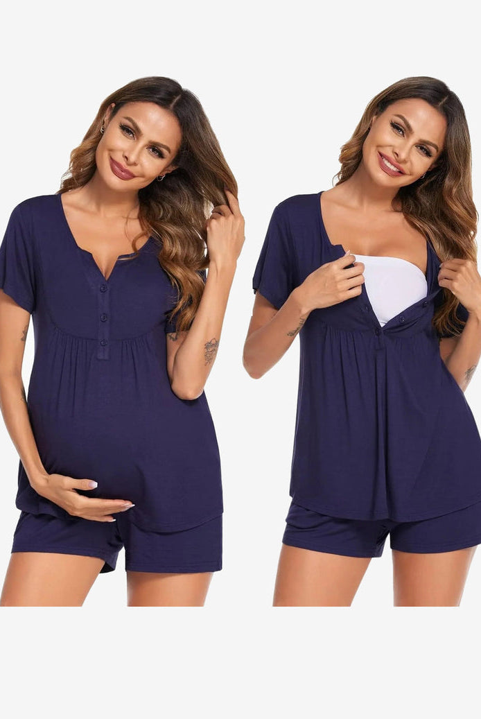 Ekouaer maternity nursing pajama set in navy, short-sleeve V-neck and buttoned shorts