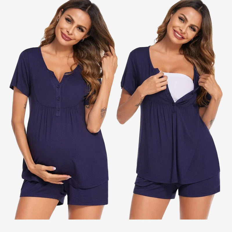 Ekouaer maternity nursing pajama set in navy, short-sleeve V-neck and buttoned shorts
