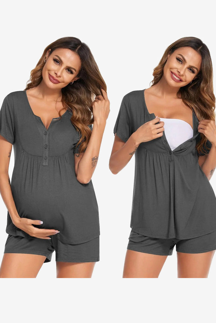 Maternity nursing pajama set in dark gray, short-sleeve V-neck with button placket