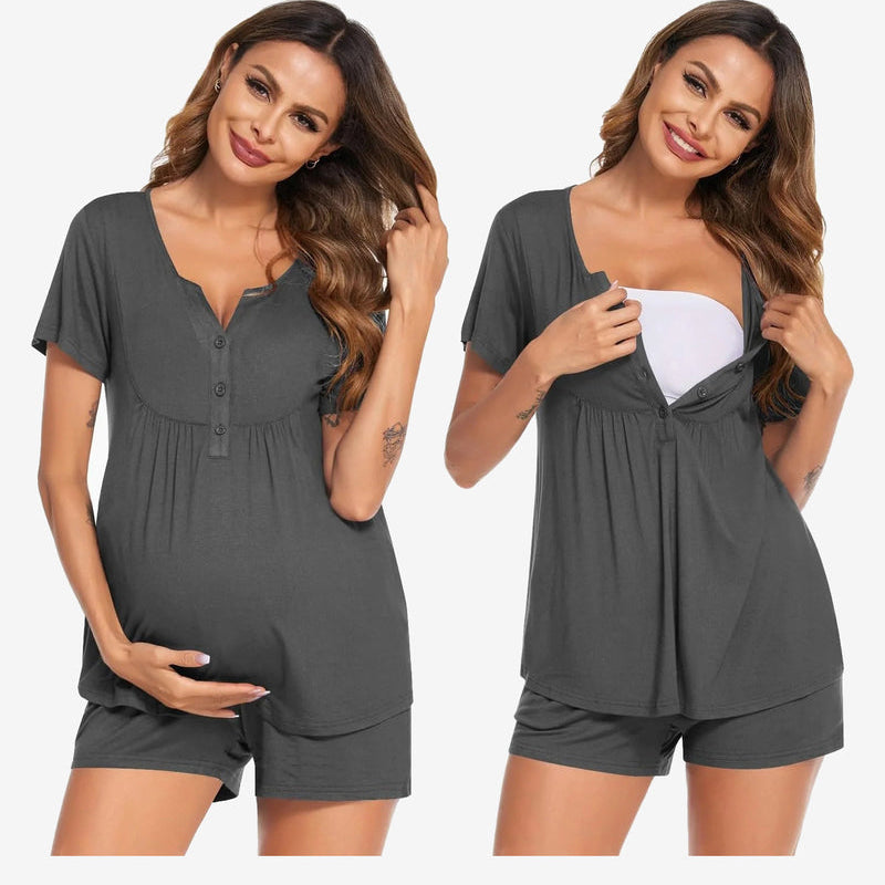 Maternity nursing pajama set in dark gray, short-sleeve V-neck with button placket