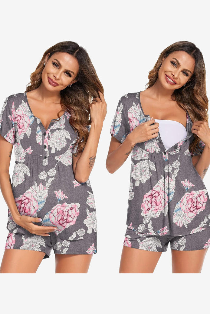 Maternity nursing pajama set in gray with floral print: short-sleeve tunic and shorts