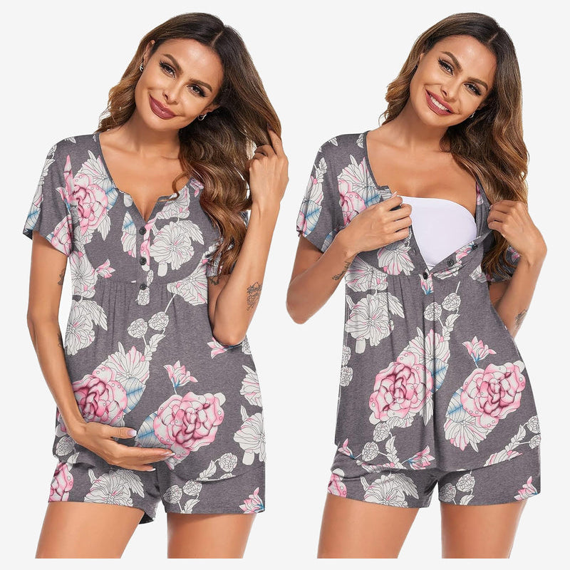 Maternity nursing pajama set in gray with floral print: short-sleeve tunic and shorts