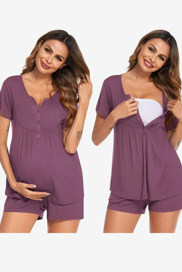 Maternity nursing pajama set in plum: short-sleeve tunic and matching shorts