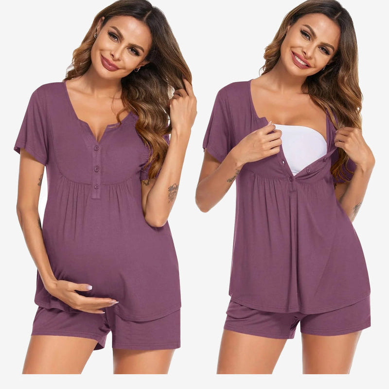 Maternity nursing pajama set in plum: short-sleeve tunic and matching shorts