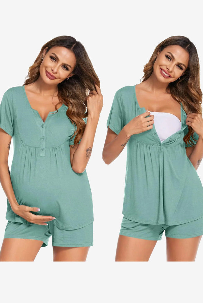 Maternity nursing pajama set in teal: short-sleeve tunic and matching shorts