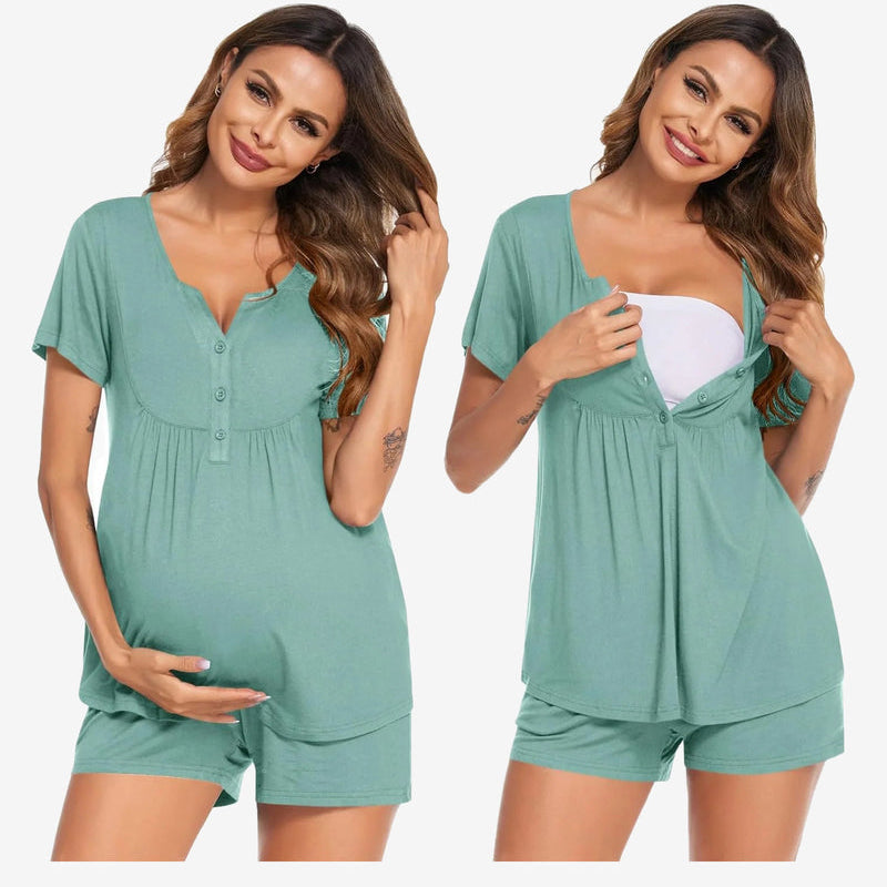 Maternity nursing pajama set in teal: short-sleeve tunic and matching shorts