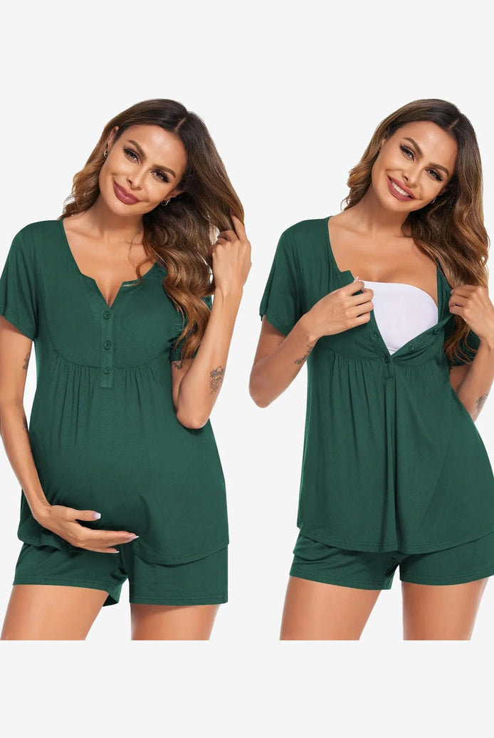 Maternity nursing pajama set in deep green: short-sleeve tunic and matching shorts