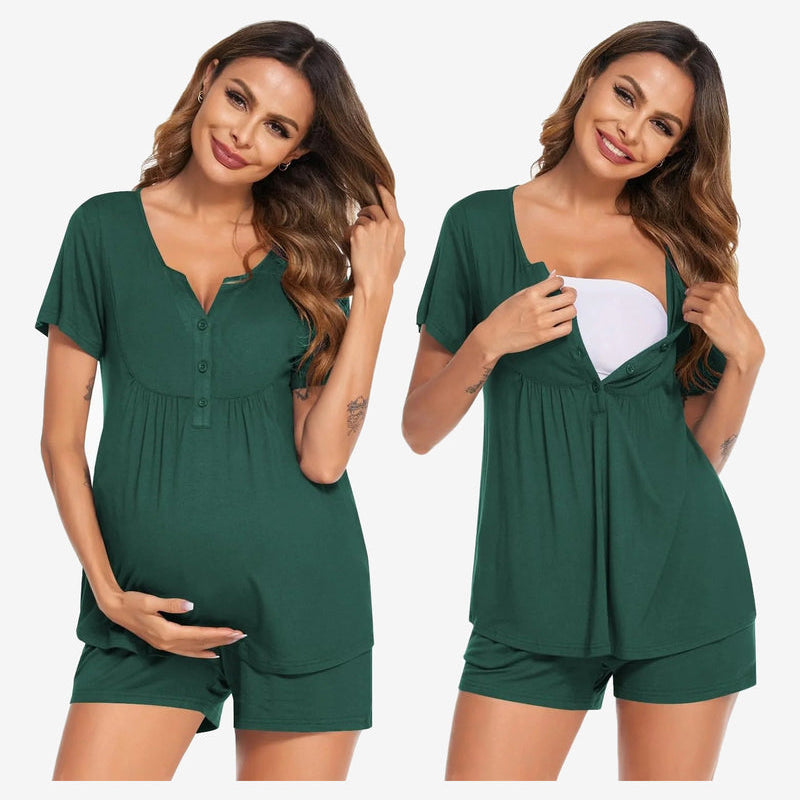 Maternity nursing pajama set in deep green: short-sleeve tunic and matching shorts