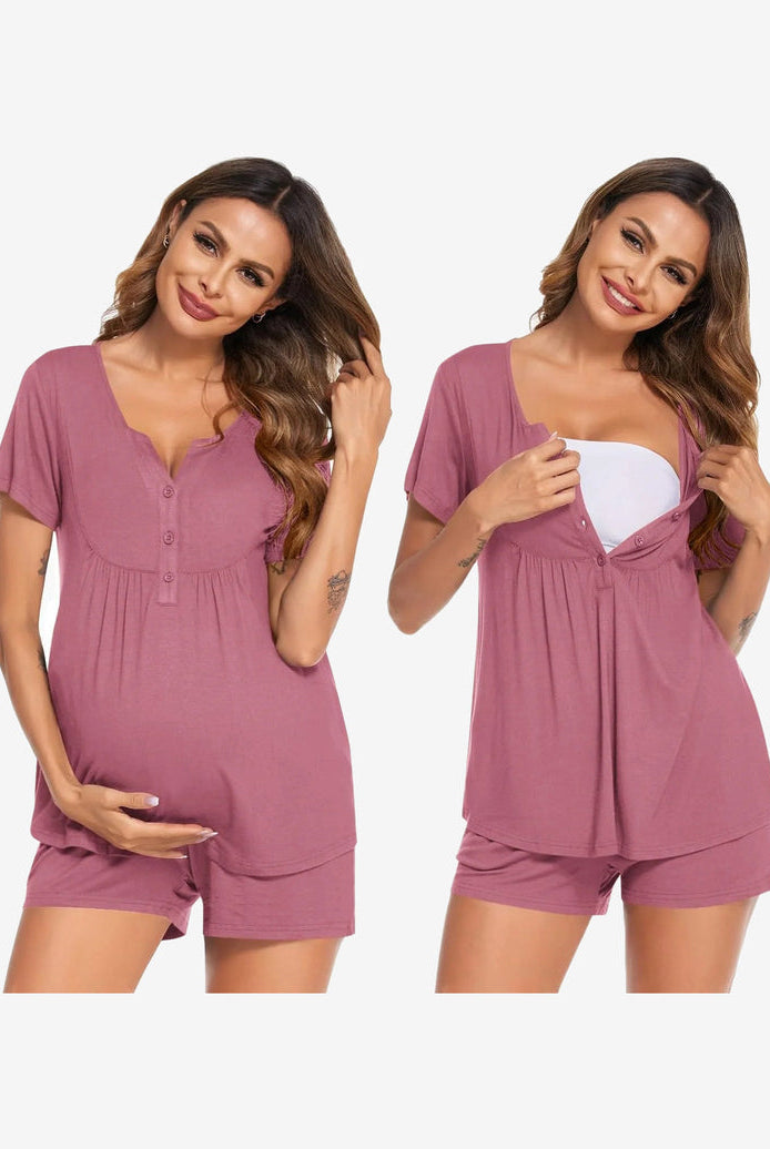Maternity nursing pajama set in mauve: short-sleeve tunic and matching shorts