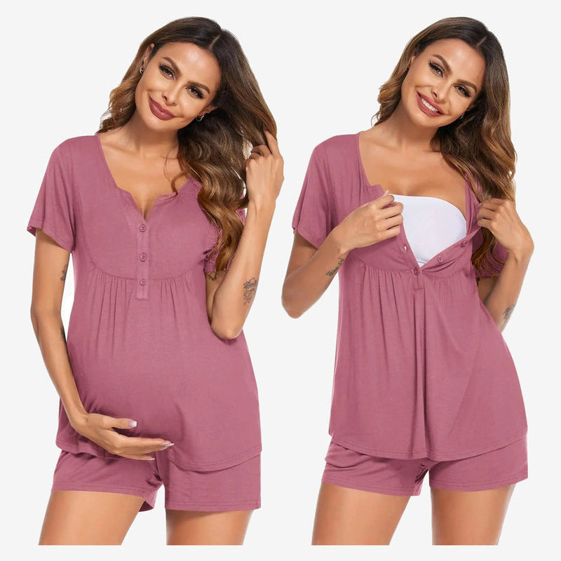 Maternity nursing pajama set in mauve: short-sleeve tunic and matching shorts