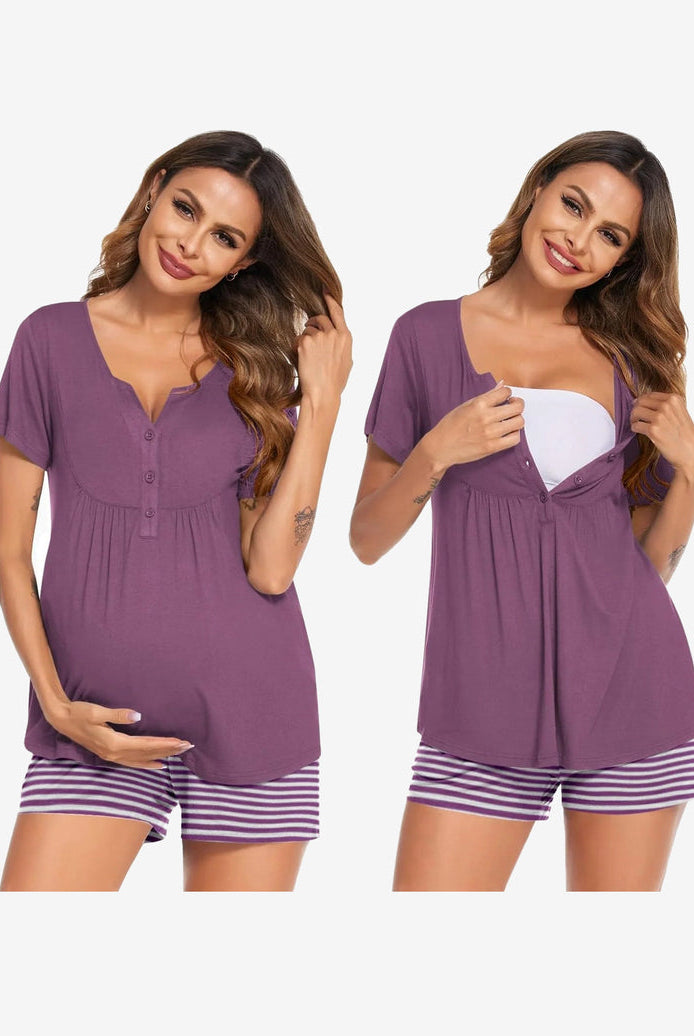Maternity nursing pajama set in purple: short-sleeve tunic and striped shorts