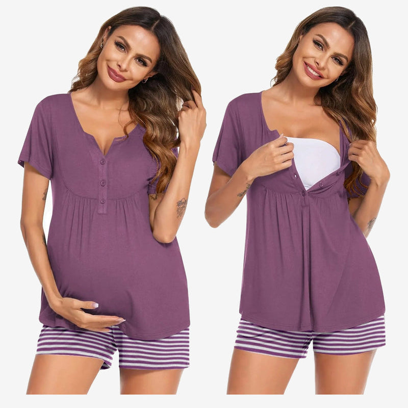 Maternity nursing pajama set in purple: short-sleeve tunic and striped shorts