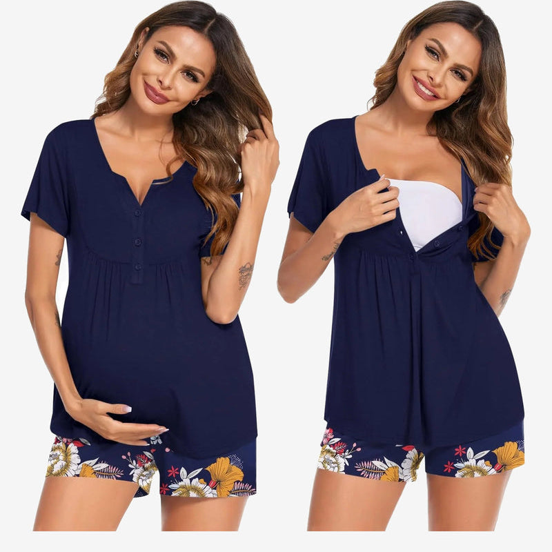Maternity nursing pajama set in navy: short-sleeve tunic and floral hem shorts