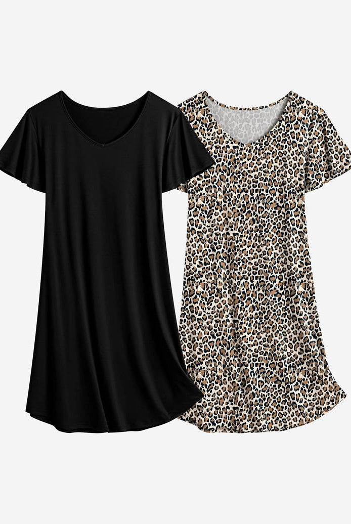 Black and leopard print nightshirt dress set, V-neck, short sleeves