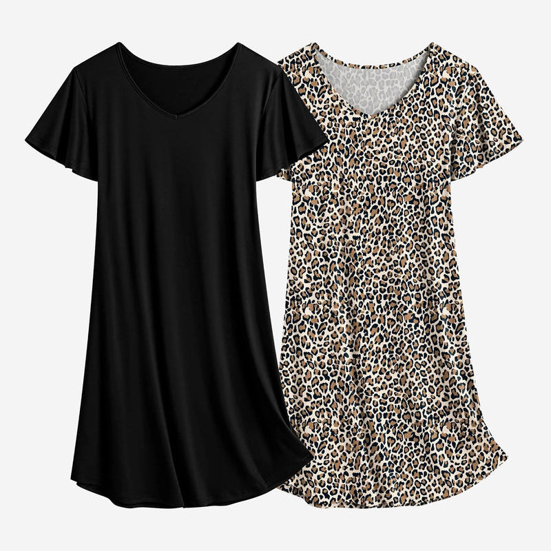Black and leopard print nightshirt dress set, V-neck, short sleeves