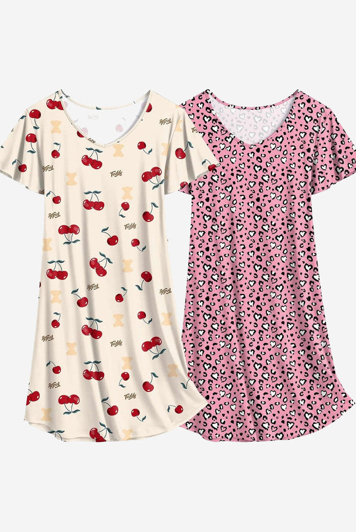 2-pack nightshirt dresses with white cherry prints and pink leopard-heart print, short sleeves