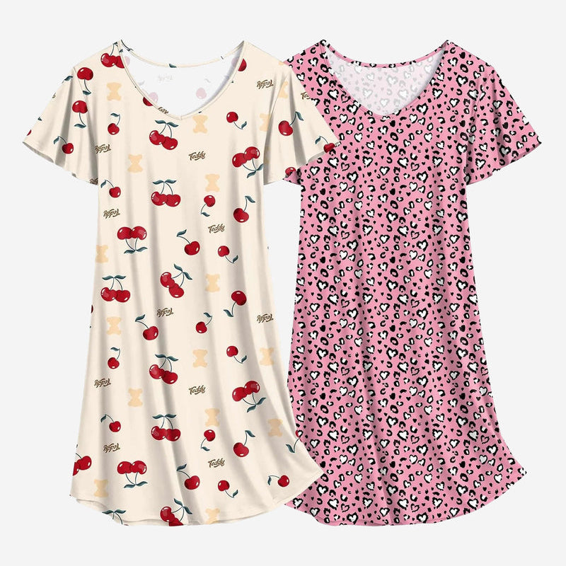 2-pack nightshirt dresses with white cherry prints and pink leopard-heart print, short sleeves