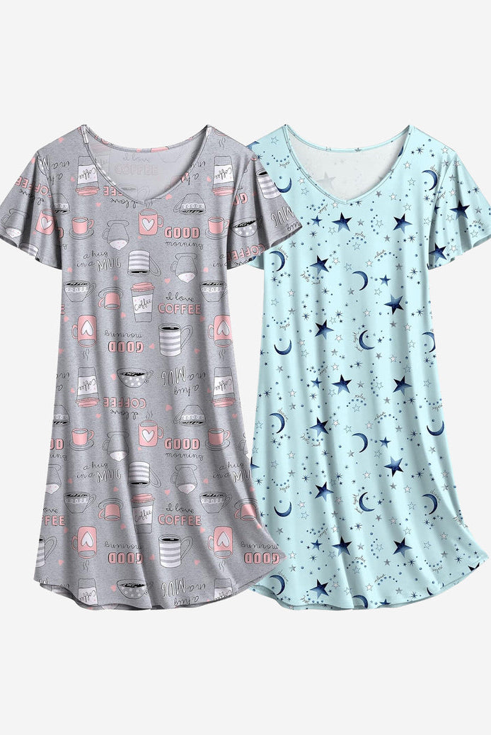Gray coffee print and blue moon-and-star nightshirt dress set, V-neck, short sleeves