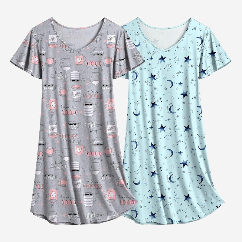 Gray coffee print and blue moon-and-star nightshirt dress set, V-neck, short sleeves