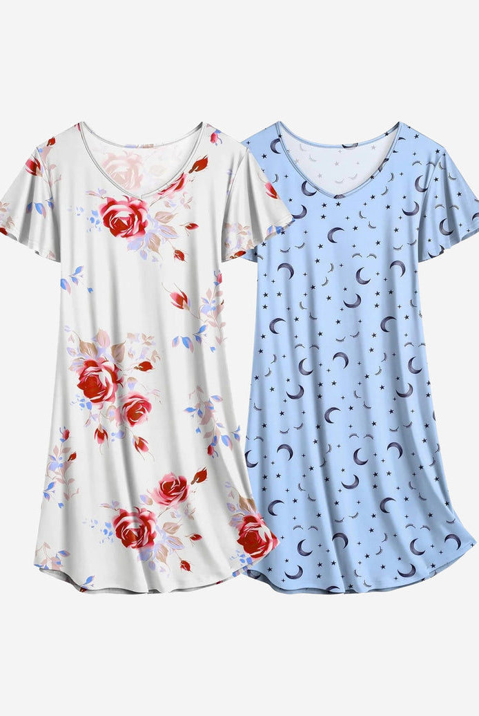 White floral and blue moon-and-star nightshirt dress set, V-neck, short sleeves