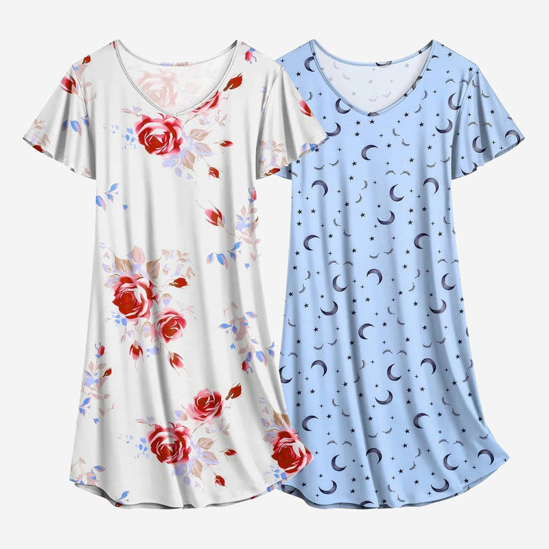 White floral and blue moon-and-star nightshirt dress set, V-neck, short sleeves