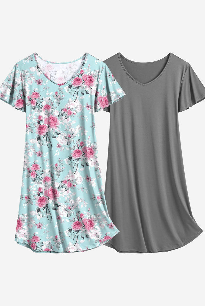 Floral and solid nightshirt dress set with scoop neck and short sleeves, turquoise and dark gray