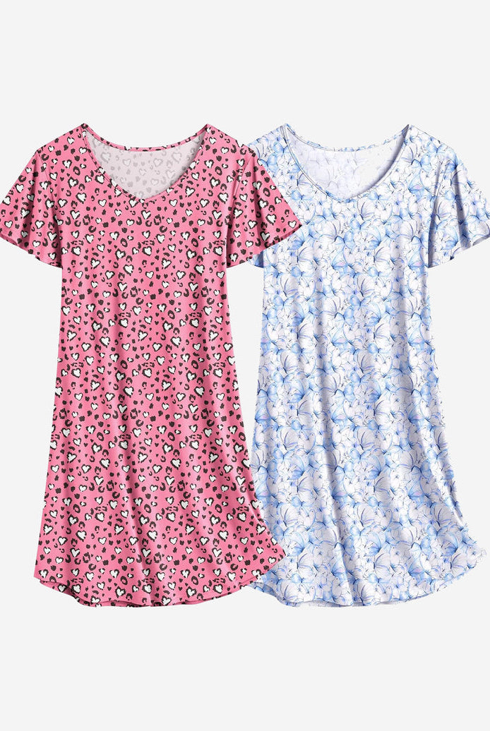 Heart print and light blue patterned nightshirt dress set, V-neck, short sleeves, pink and blue
