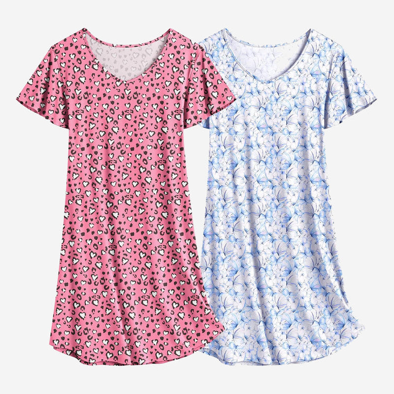Heart print and light blue patterned nightshirt dress set, V-neck, short sleeves, pink and blue