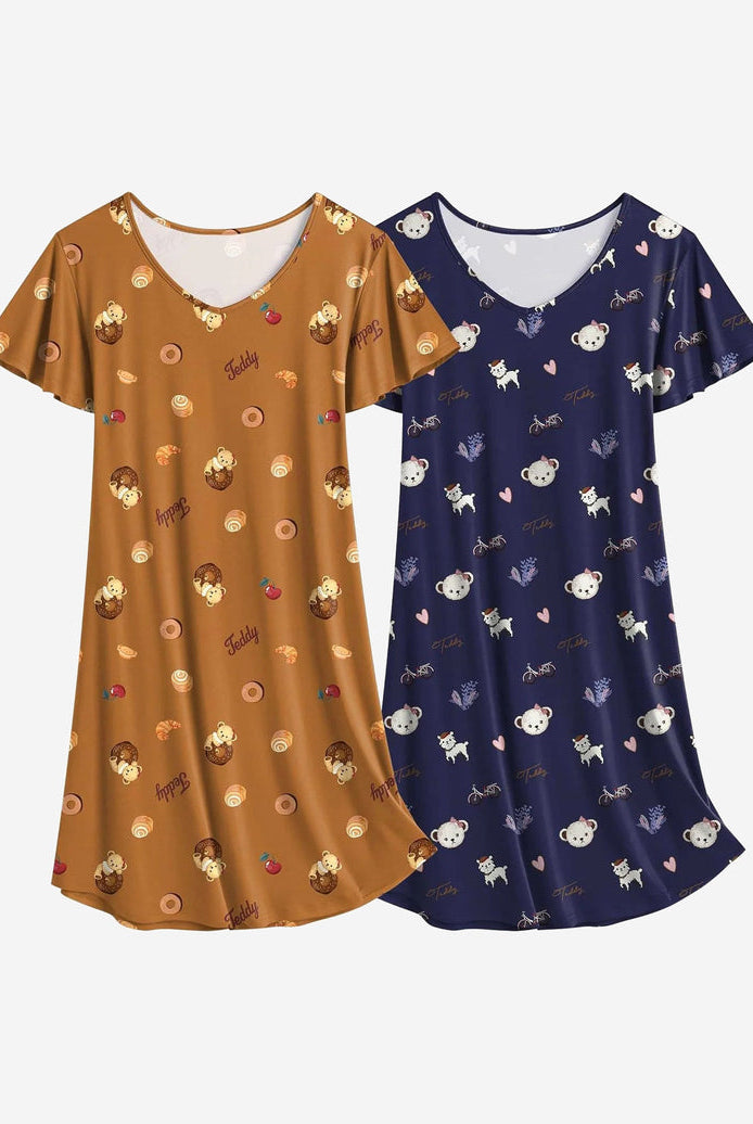 2-pack nightshirt dresses with brown and navy teddy bear prints, short sleeves