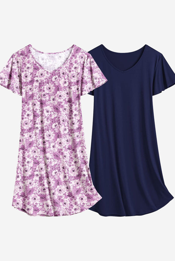 Purple floral and navy solid nightshirt dress set, V-neck, short sleeves, short nightgown