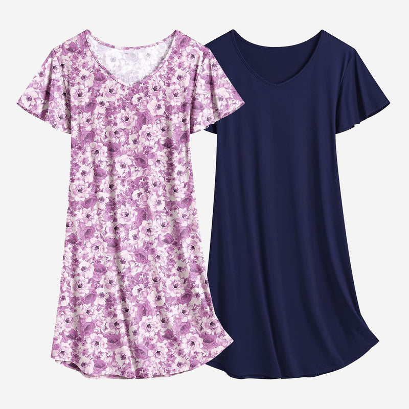 Purple floral and navy solid nightshirt dress set, V-neck, short sleeves, short nightgown