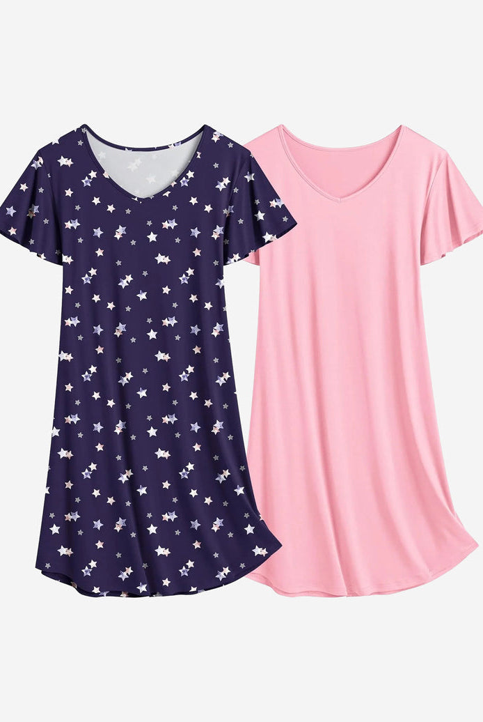 Navy star print nightshirt dress with V-neck, short sleeves; paired with pink dress
