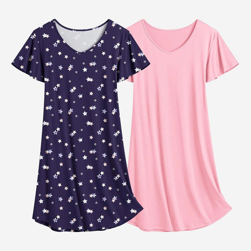 Navy star print nightshirt dress with V-neck, short sleeves; paired with pink dress