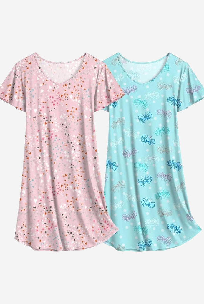 Starry print nightshirt dress set with scoop neck and short sleeves, pink and turquoise